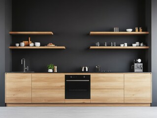Modern kitchen design featuring sleek cabinetry, minimalist decor, and open shelving for a contemporary look.