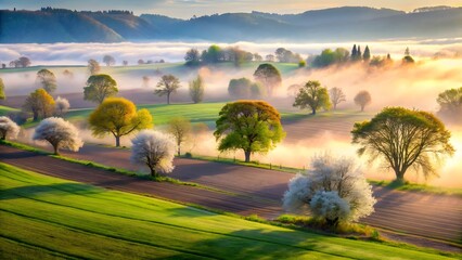 Misty Sunrise Over Rolling Hills and Trees