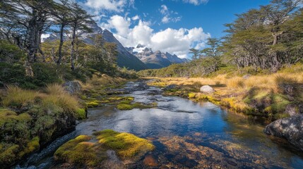 Serene Stream Flowing Through Mossy Rocks in a Forest