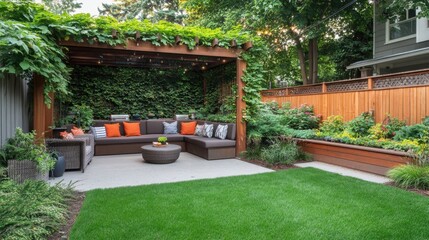 Obraz premium Cozy backyard with a wooden trellis covered in ivy and an inviting garden bench.