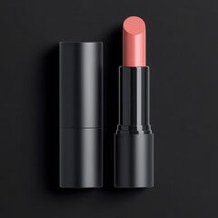 Obraz premium Stylish lipstick in a sleek black tube on a dark background, perfect for beauty and cosmetic themes.