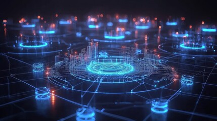 Futuristic city map rendered with glowing network lines and circular elements, detailed city structures visible as a network, dark background, vibrant blue and red highlights, digital art style.