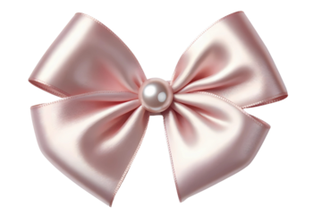 Soft Pink Satin bow with a pearls. Coquette girl accessory hand drawn in realistic style illustration. Isolated from background. Generative AI