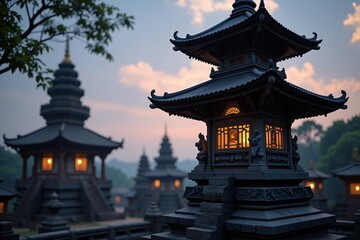 Naklejka premium Illuminated Asian Temple Pagoda at Dusk Tranquil Scenic View