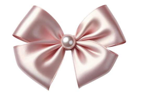 Soft Pink Satin bow with a pearls. Coquette girl accessory hand drawn in realistic style illustration. Isolated from background. Generative AI