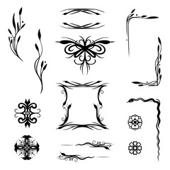 Schwarze Design Elemente mit Schlangen - Filigrane Vektor Rahmen, Bordüren und Verzierungen mit Blumen und Gräsern