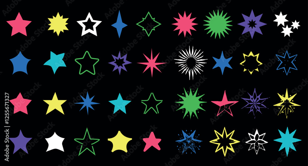 Poster various star shapes in multiple colors are arranged against a solid black background. this diverse c