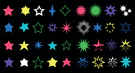 Various star shapes in multiple colors are arranged against a solid black background. This diverse collection can enhance creativity and artistic designs.