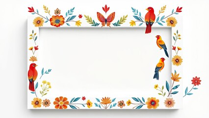 Colorful Floral Frame with Birds Spring Summer Nature Design
