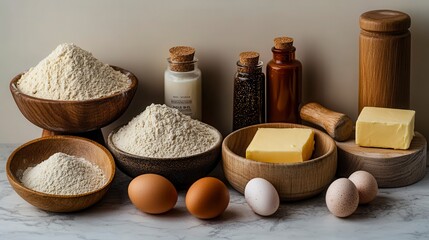 Various Baking Ingredients Displayed in Wooden Bowls and Jars