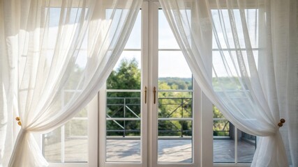 Curtain shade and transparent, Bright, airy view through white curtains, revealing a lush green landscape beyond the open double doors.