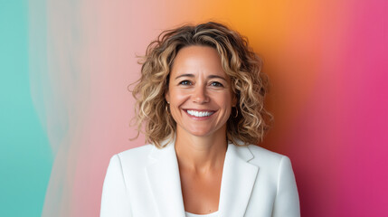 smiling woman with curly hair, wearing white blazer, against colorful background.