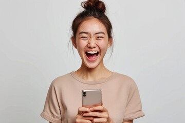 Fototapeta premium Elated Asian woman holding her smartphone, celebrating her big win with a wide smile, white backdrop