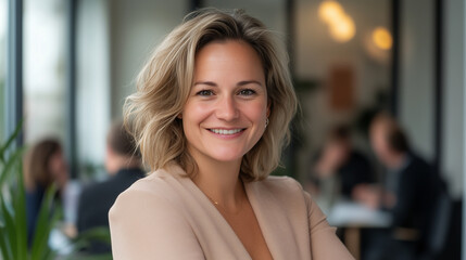 Obraz premium confident woman with wavy blonde hair smiles warmly in modern office setting, showcasing professionalism and approachability.