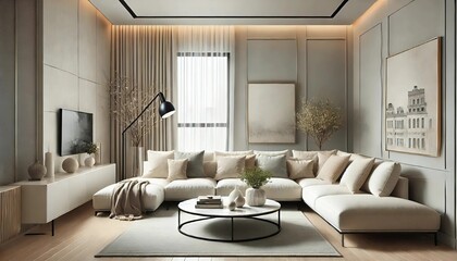 Fototapeta premium A stylish modern living room featuring cognac-colored leather sofas, a textured concrete wall, and elegant decor elements creating a cozy and sophisticated atmosphere