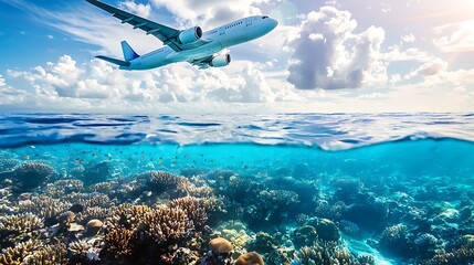 Fototapeta premium A white airplane flying over the ocean