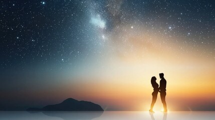 Fototapeta premium Romantic Couple Silhouette At Sunset Under Starry Night Sky