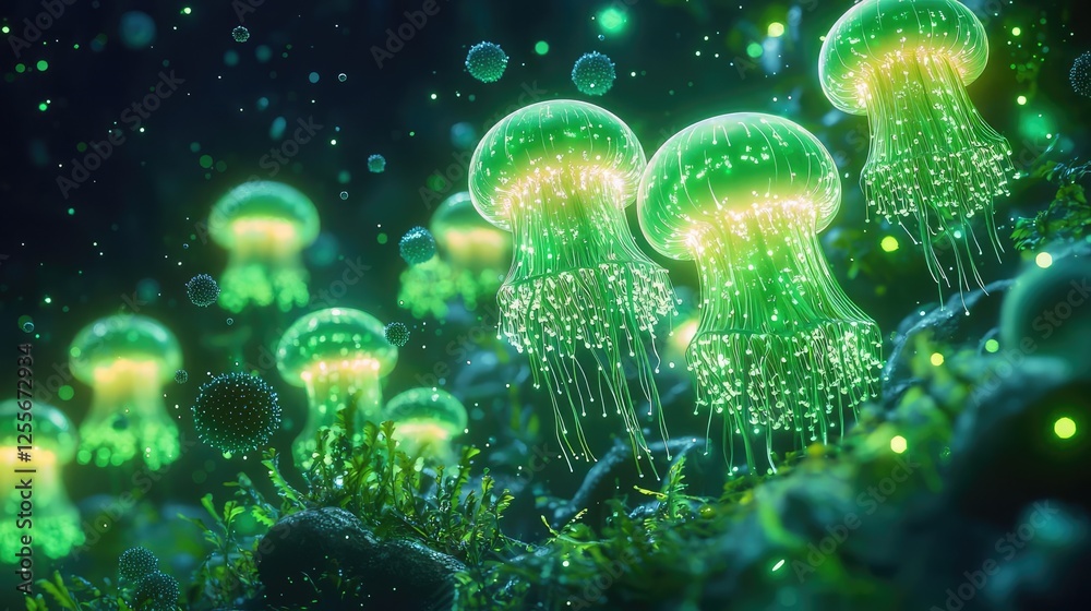Poster marine life microscopic idea. glowing jellyfish illuminate deep ocean waters, creating a mesmerizing
