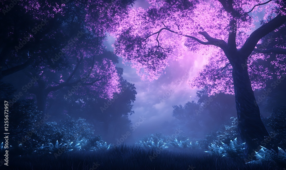 Poster a mystical forest scene illuminated by purple hues, featuring lush trees and glowing foliage, creati