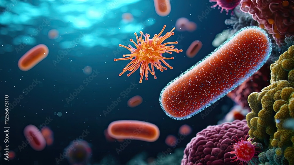 Poster marine life microscopic idea. close-up view of bacteria and viruses in a vibrant underwater environm