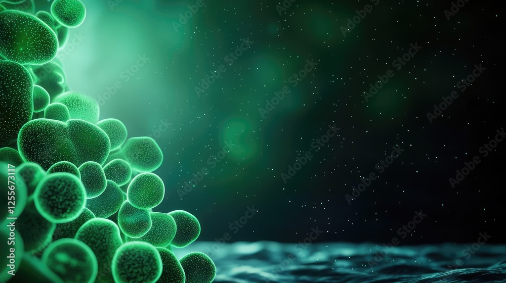 Aufkleber Marine life microscopic idea. Close-up view of vibrant green microorganisms under a microscope in an abstract background.