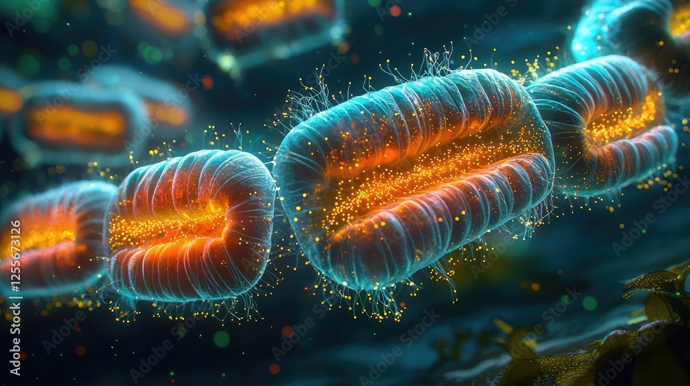 Poster marine life microscopic idea. colorful depiction of cellular structures showing intricate biological