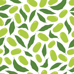 Seamless pattern with hand drawn olives and leaves on white background. Modern botanical print for fabric, cover, card, flyer