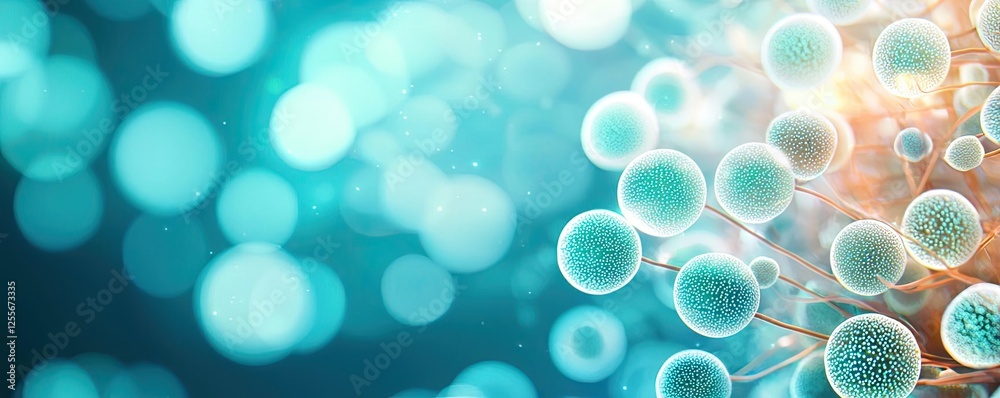 Poster marine life microscopic idea. abstract representation of cells and microorganisms in a vibrant blue 
