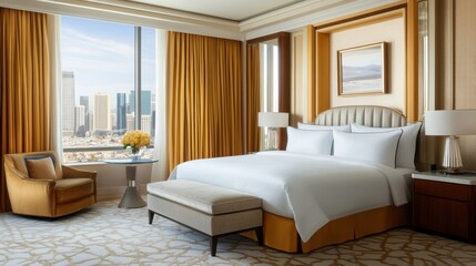 Elegant bedroom with floor-to-ceiling curtains, a soft area rug, and plush bedding.