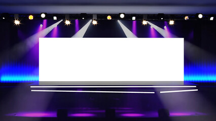 Fototapeta premium Conference Stage Designs. Meeting event scene, party scene design. Empty stage design for mockup and corporate identity, display. Platform elements in hall. 