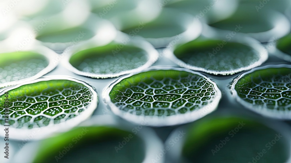 Poster Marine life microscopic idea. Close-up view of green cell structures showcasing intricate patterns and textures.