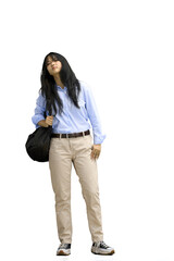 Fototapeta premium A girl in a blue shirt, on a white background, full-length, with a backpack