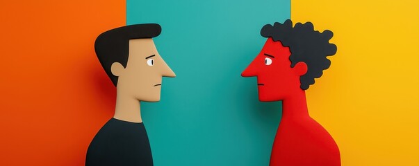 Two abstract, colorful figures face each other against vibrant backgrounds, symbolizing communication and connection.