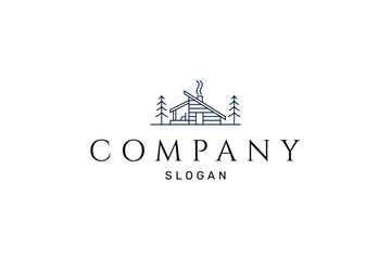 cottage logo with pine tree in line art design style