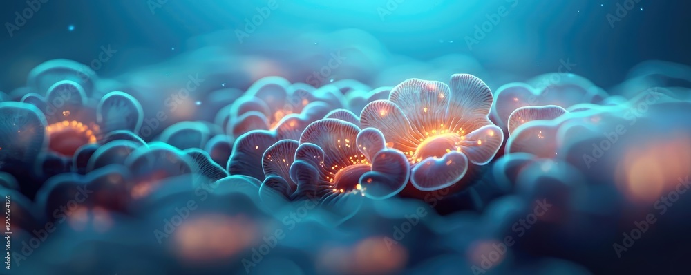 Poster coral reefs microscopic concept. colorful microscopic view of cells showcasing structure and biology