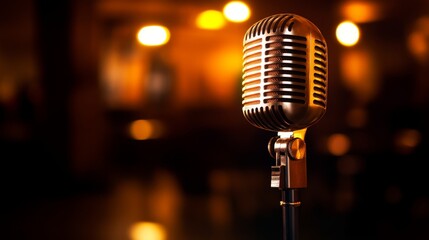 A professional podcast setup with a stylish microphone emitting a soft ambient glow.