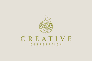 natural leaf logo with bubble dew elements in line art design style