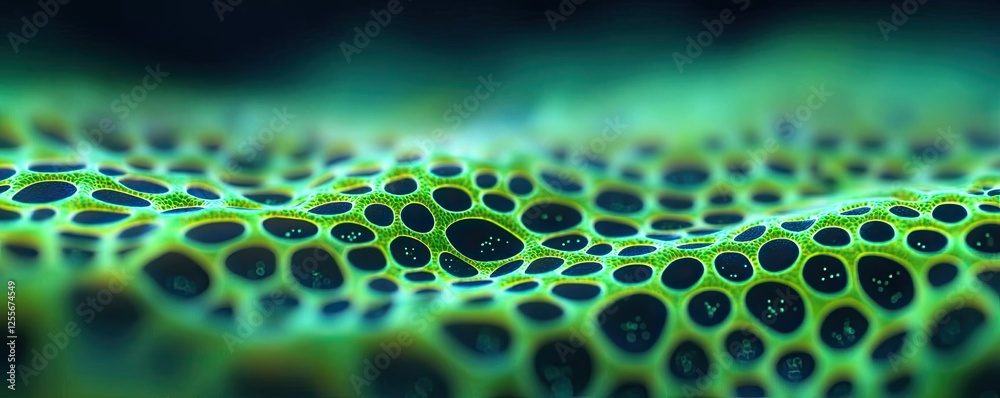 Poster marine life microscopic idea. close-up view of vibrant green cellular structures under a microscope.