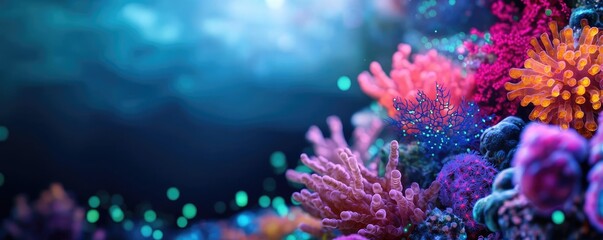 Marine life microscopic idea. Vibrant coral reef showcasing colorful corals and marine life under the ocean's surface.