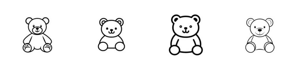 A modern, isolated sitting teddy bear toy depicted in a full-face, colorless black and white contour line drawing