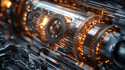 Airplane gear system. close up of intricate metallic gears and cogs with glowing orange lights, showcasing mechanical precision