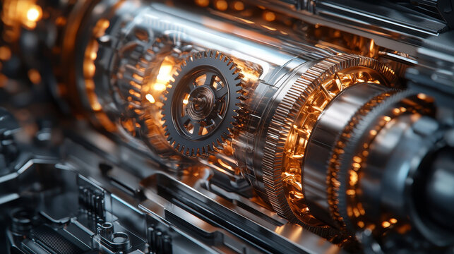 Airplane gear system. close up of intricate metallic gears and cogs with glowing orange lights, showcasing mechanical precision