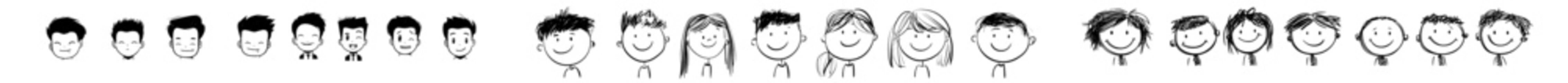 A set of diverse facial illustrations rendered in a hand-drawn doodle style