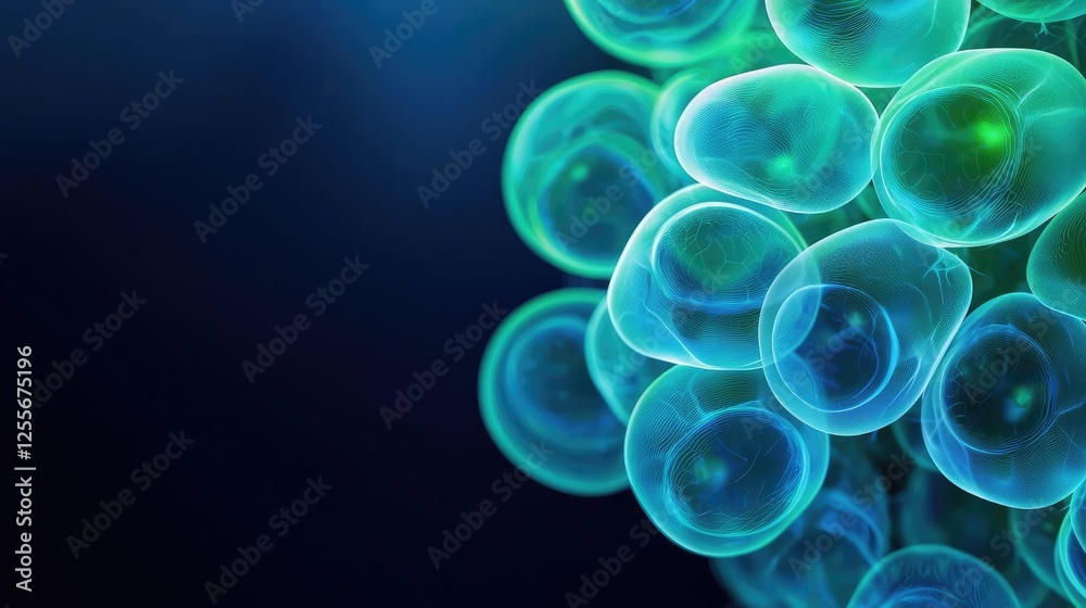 Poster microscopic ocean life idea. close-up view of colorful cells with glowing blue and green colors on a