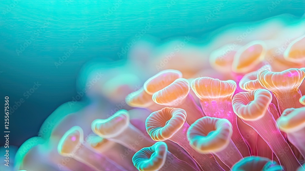 Poster coral reefs microscopic concept. vibrant close-up of coral polyps showcasing beautiful colors and un