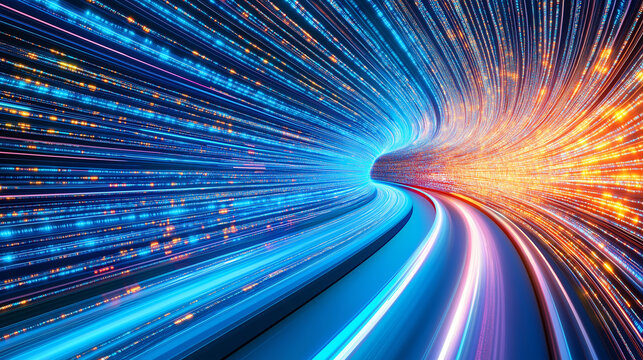 Data flows through the tunnel at the speed of light, creating a dazzling light and shadow effect