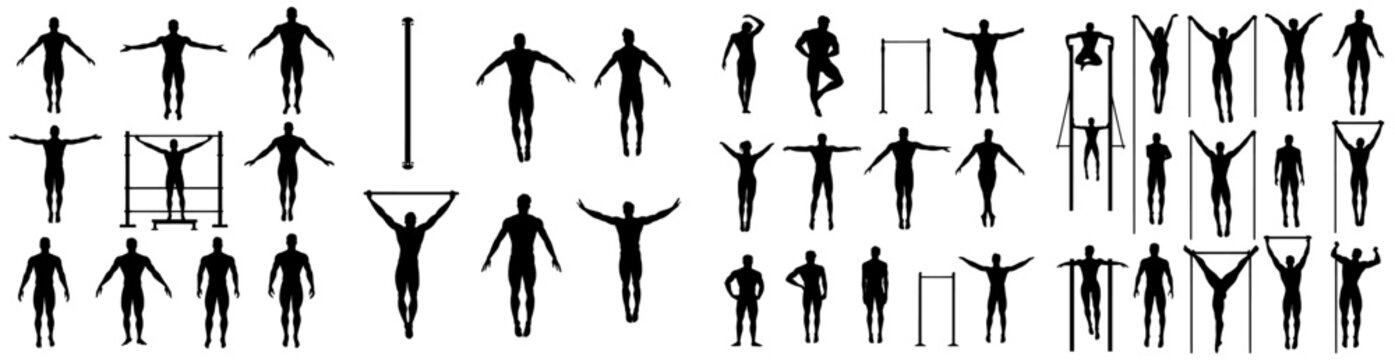 Athletes performing gymnastics in a black silhouette set, showcasing exercises on the pommel horse, still rings, parallel bars, and horizontal bar, with a modern illustration style, at the world
