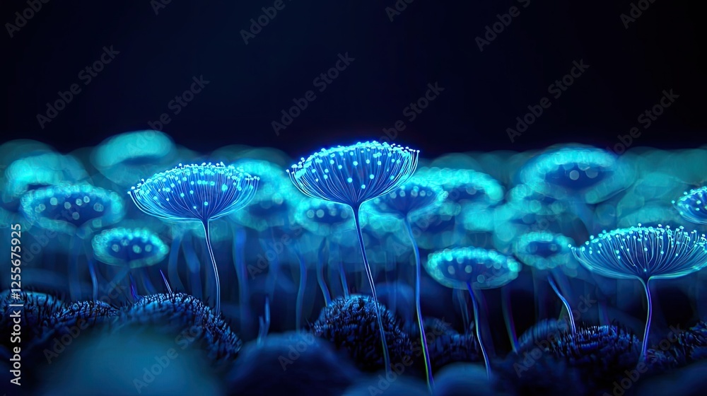Poster microscopic ocean life idea. illuminated blue mushrooms glisten in a dark environment, creating a my