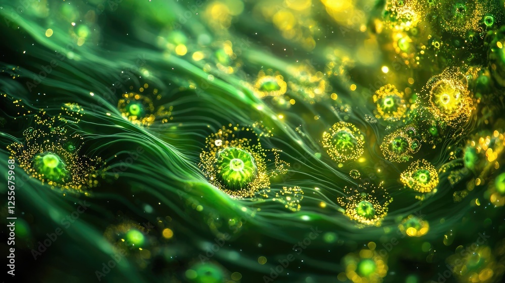 Poster microscopic ocean life idea. abstract green microscopic organisms floating in a vibrant liquid backg