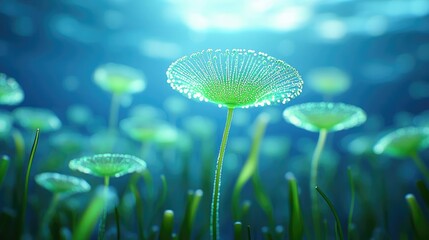 Microscopic ocean life idea. Vibrant underwater plant life illuminated by gentle sunlight, creating a serene atmosphere.